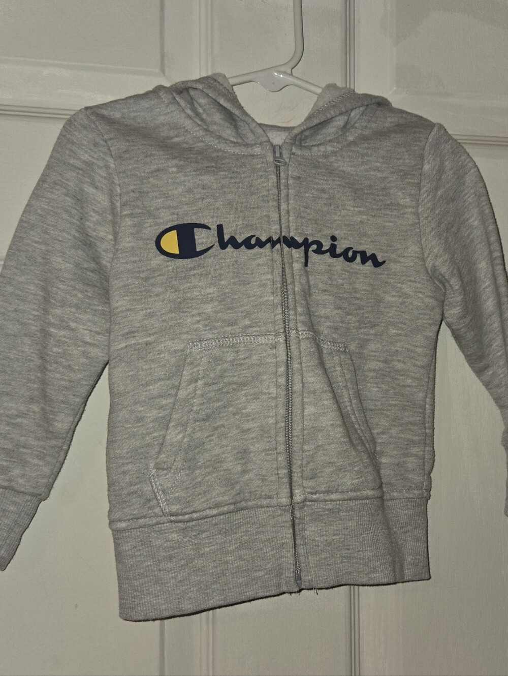 Champion Heather Gray Kids Zip Hoodie with Navy & Yellow Logo SZ 2T